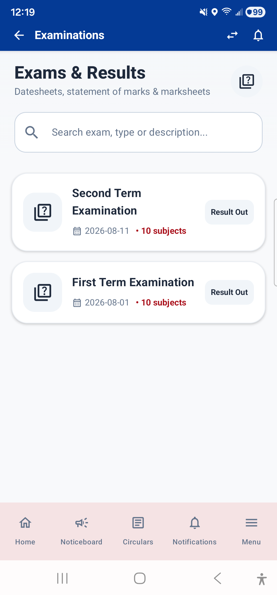 Exams & Results: View Exam Schedules and Marksheets